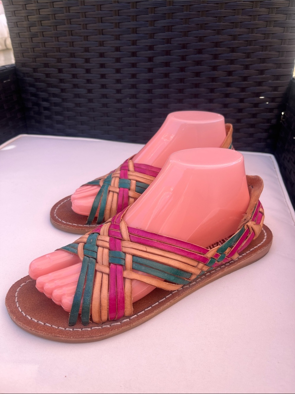 Woven Multi-Color Leather Huaraches Slide Sandals - Pink/Green/Tan
